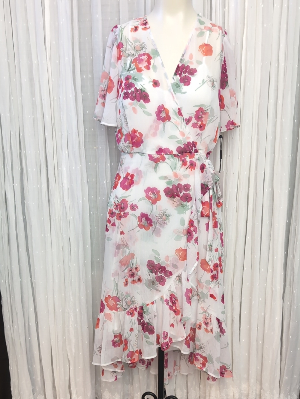 Calvin Klein Floral High Low Faux Wrap Dress Size 2 NWT White Chiffon Tie Waist